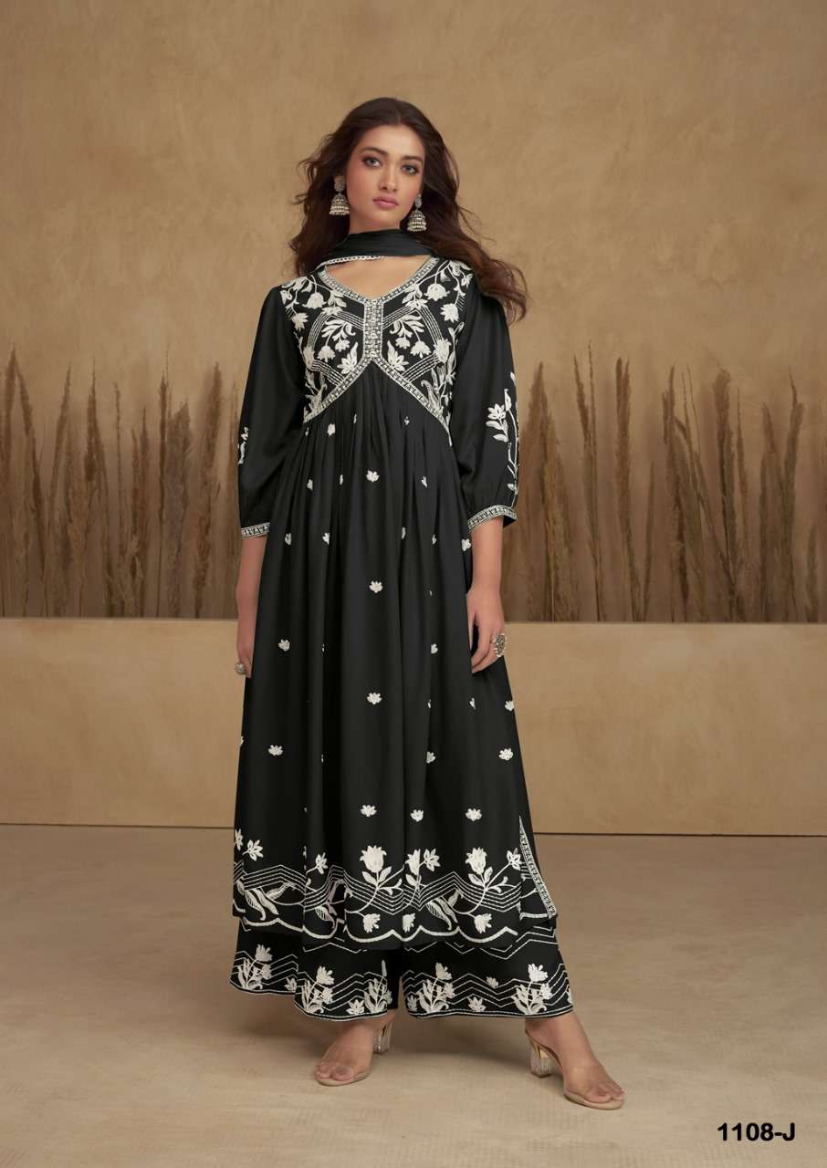 AADHRA VOL 5 SILVER COLOR PURE RAYON LAKHNAWI WORK NAYRA CUT KURTI WITH COTTON PLAZZO AND DUPATTA BY S3FOREVER BRAND 1108 J